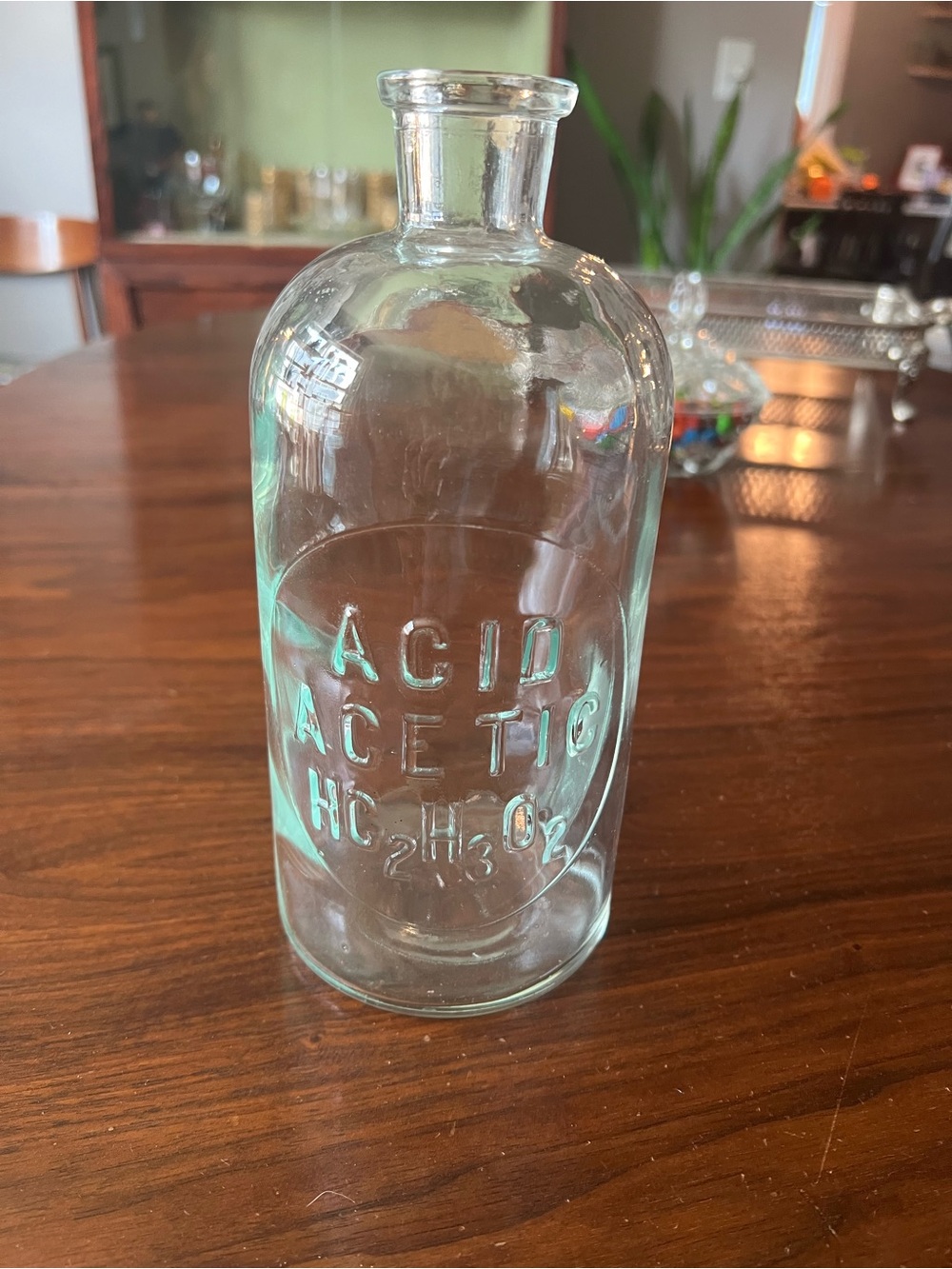 Vintage Acid Acetic HC2H3O2 Clear Embossed Glass Bottle Vase - T.C. Wheaton